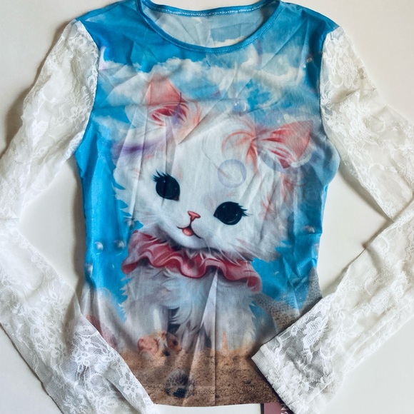 Kitty Sheer Mesh Top with Lace Sleeves - Picture 2 of 9